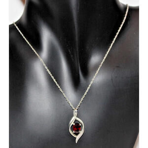 Vintage 925 Sterling Silver Red Garnet Pendant Necklace 18” Elegant Swirl